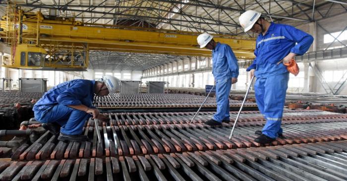 FILE PHOTO: Workers inspect the production of copper cathodes at a Jinlong Copper plant in