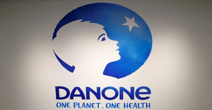 The logo of French food group Danone is pictured during the company's 2017 annual results in