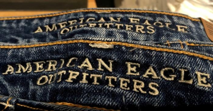 FILE PHOTO: Jeans are seen for sale in an American Eagle Outfitters retail store in Manhattan,