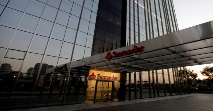 The logo of Santander bank is pictured at the entrance of the group's main office in Sao Paulo