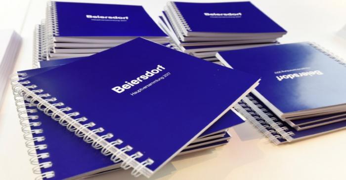 Notepads of German personal-care company Beiersdorf are pictured at the annual shareholders