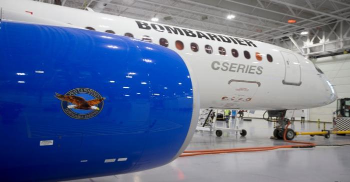 Bombardier's CS300 Aircraft showing its Pratt & Whitney engine in the foreground sits in the