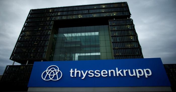 FILE PHOTO: A logo of ThyssenKrupp AG is pictured outside the group's headquarters in Essen,