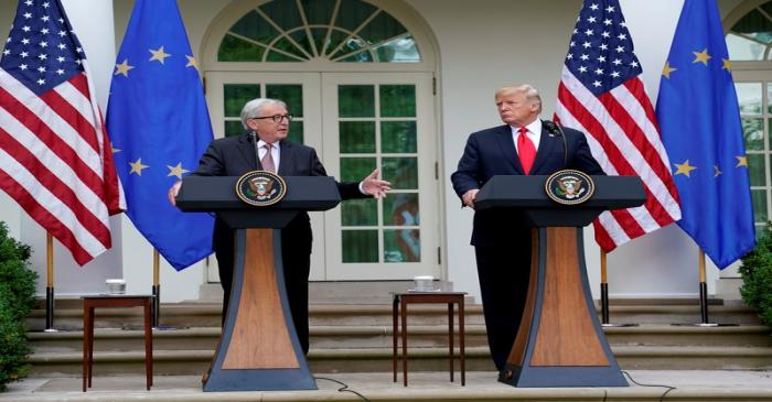 U.S. President Donald Trump and President of the European Commission Jean-Claude Juncker speak