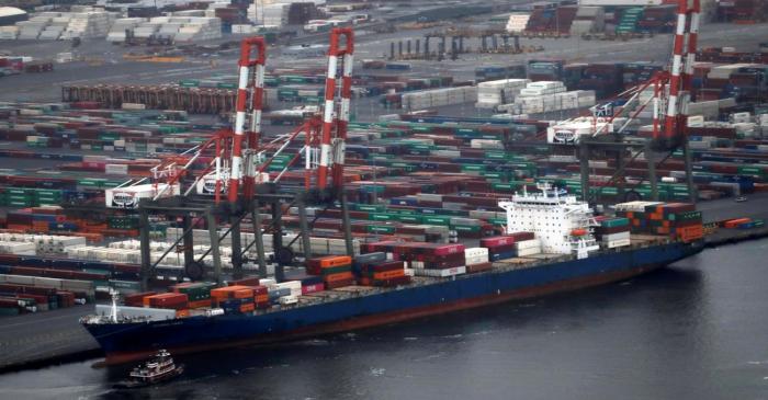 FILE PHOTO: A container ship is seen docked at the port of New York and New Jersey in Bayonne