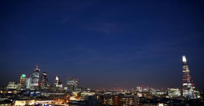 General view of the financial district and The Shard skyscraper in London