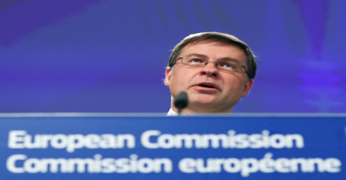 European Commission Vice-President Valdis Dombrovskis attends a news conference in Brussels