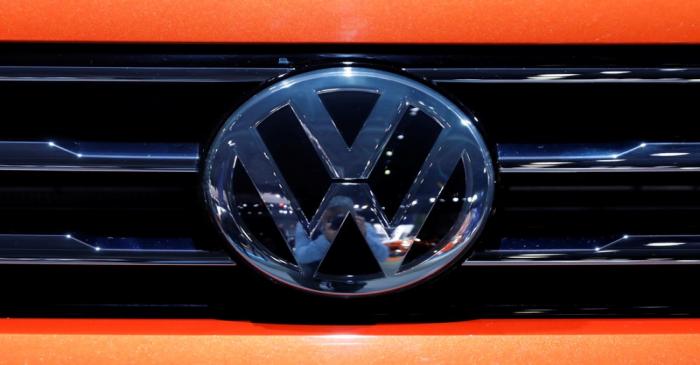 FILE PHOTO: The Volkswagen logo is seen on a vehicle at the New York Auto Show in New York