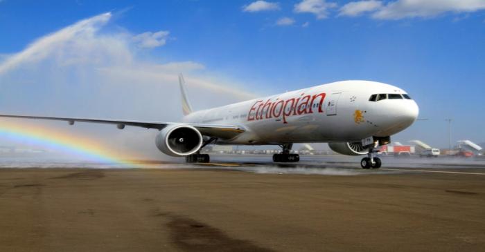 FILE PHOTO: Ethiopian Airlines' newly acquired Boeing 777-300ER aircraft, with a seating