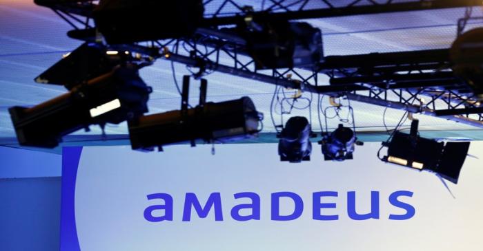 FILE PHOTO:  The logo of Amadeus IT Holding can be seen in Madrid, Spain