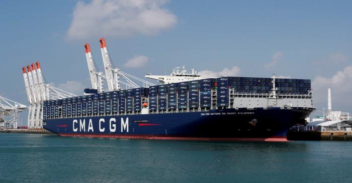 FILE PHOTO: The CMA CGM Antoine de Saint Exupery container ship sits docked during its official