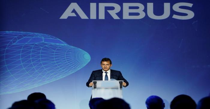 FILE PHOTO: Guillaume Faury, President of Airbus Commercial Aircraft, delivers a speech during