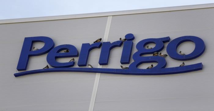 Birds are seen on the logo of generic drugmaker Perrigo Co outside their new factory in the