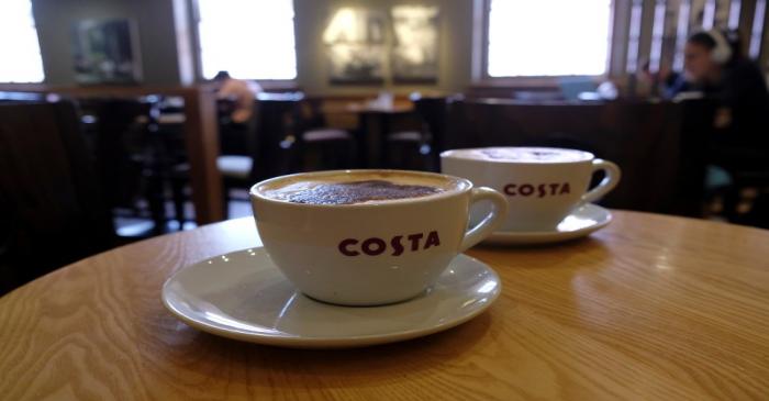 Cappuccinos sit on a table in Costa Coffee in Loughborough