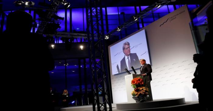 FILE PHOTO: A new CEO of Deutsche Boerse AG Weimer delivers a speech at the New Year reception