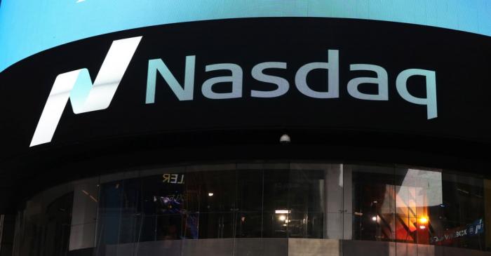 A view of the exterior of the Nasdaq market site in Times Square after the Nasdaq breached the