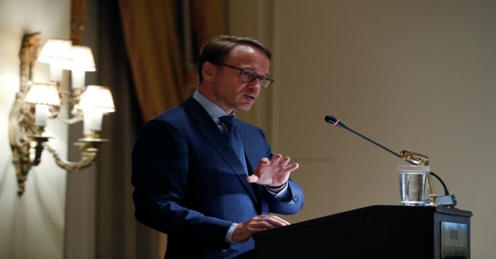 German Bundesbank President Weidmann delivers a speech during a dinner of the Hellenic Bank