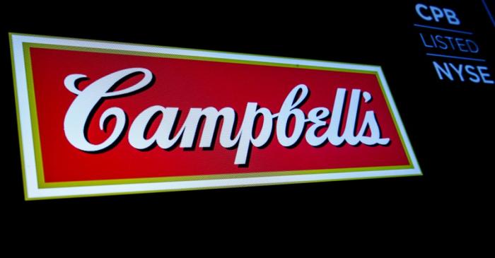 FILE PHOTO: The logo and ticker for Campbell Soup Co. are displayed on a screen on the floor of