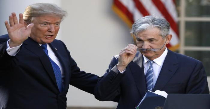 U.S. President Donald Trump gestures with Jerome Powell, his nominee to become chairman of the