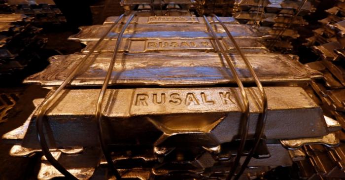 FILE PHOTO: Aluminium ingots are seen stored at the foundry shop of the Rusal Krasnoyarsk