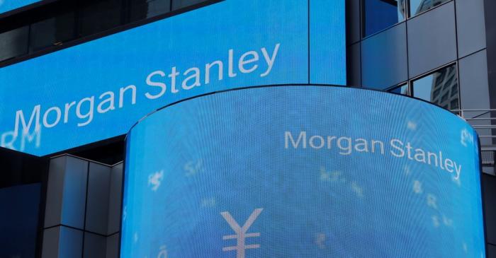 A sign is displayed on the Morgan Stanley building in New York