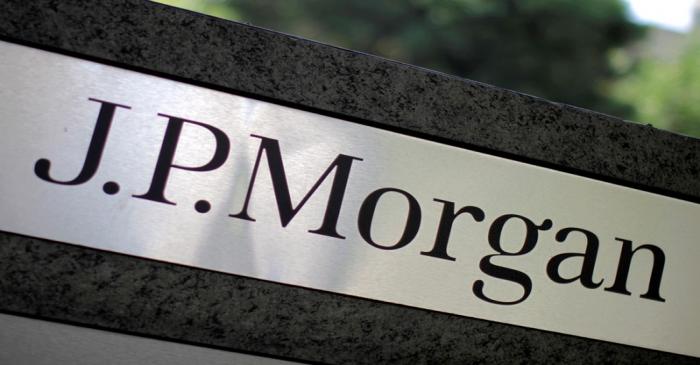 FILE PHOTO: The logo of Dow Jones Industrial Average stock market index listed company JPMorgan