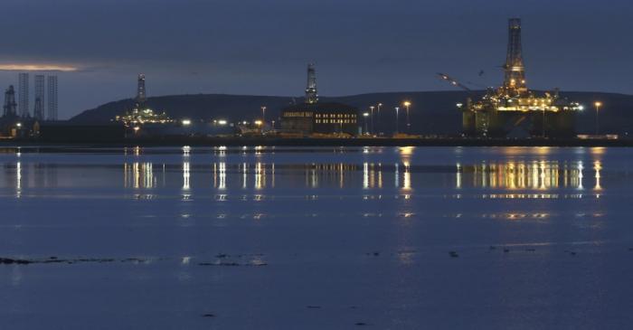 Drilling rigs are parked up in the Cromarty Firth near Invergordon, Scotland