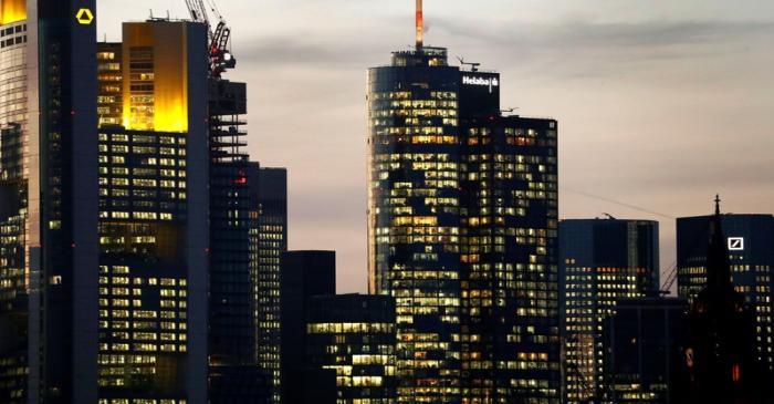 The skyline with its financial district is photographed in the early evening in Frankfurt