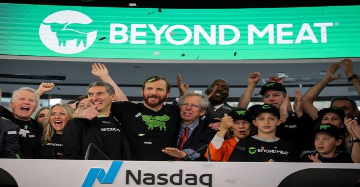 Ethan Brown, founder and CEO, Beyond Meat, and guests ring the opening bell to celebrate his