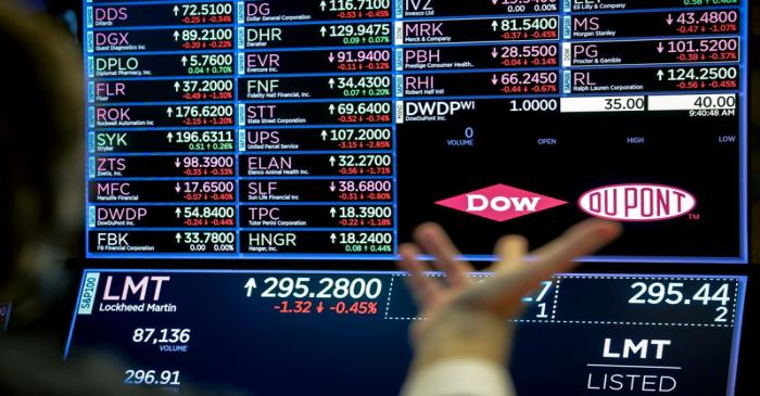 FILE PHOTO: A screen displays the trading information for chemical producer DowDuPont Inc. on