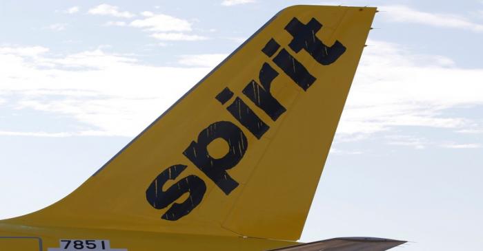 A logo of low cost carrier Spirit Airlines is pictured on an Airbus plane in Colomiers near