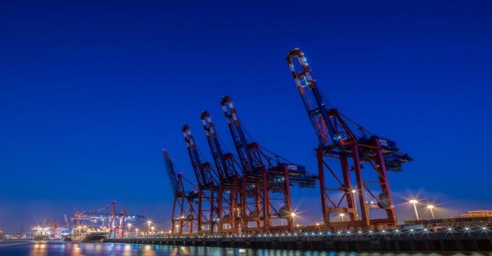 FILE PHOTO: Loading cranes are seen at a shipping terminal in the harbour at Hamburg