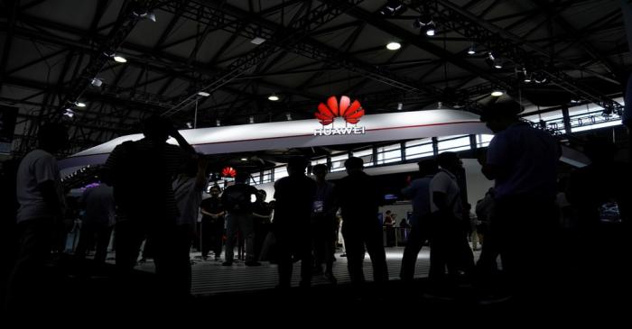 A Huawei logo is pictured at Mobile World Congress (MWC) in Shanghai