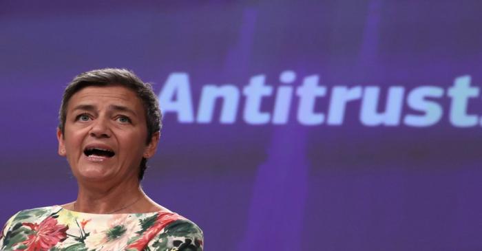 European Competition Commissioner Margrethe Vestager addresses a news conference on an