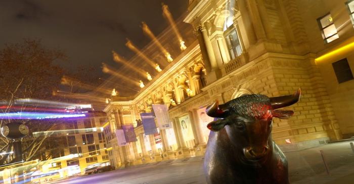 The bull, symbol for successful trading, is seen in front of the German stock exchange