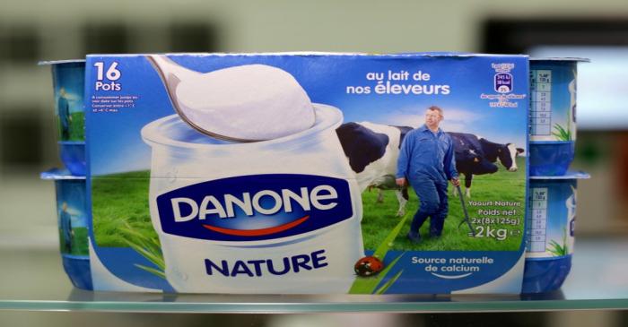 FILE PHOTO: Yoghurt by French foods group Danone is seen on shelves in a Casino supermarket in