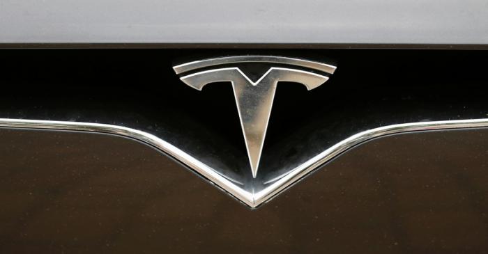 Tesla logo is pictured on a car during electric car E-Rallye Baltica 2019 in Bauska,