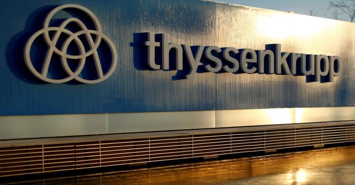 FILE PHOTO: A logo of Thyssenkrupp AG is pictured at the company's headquarters in Essen