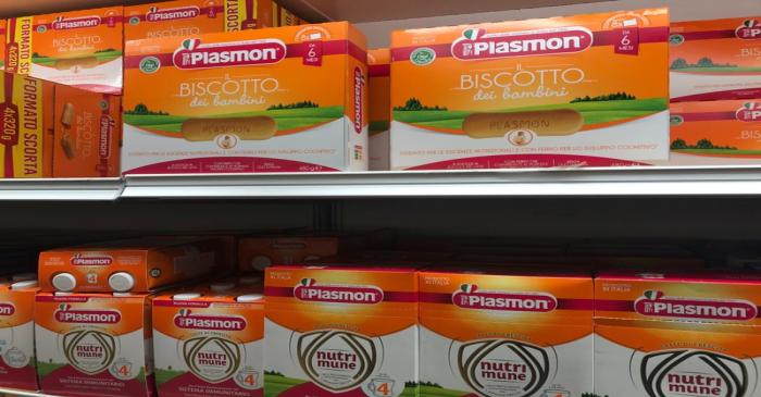 Plasmon products are seen on supermarket shelves in Milan