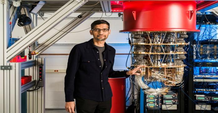 A handout picture shows Sundar Pichai with one of Google's Quantum Computers in the Santa