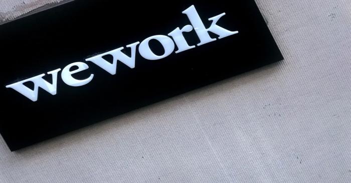 A WeWork logo is pictured in the Manhattan borough of New York City