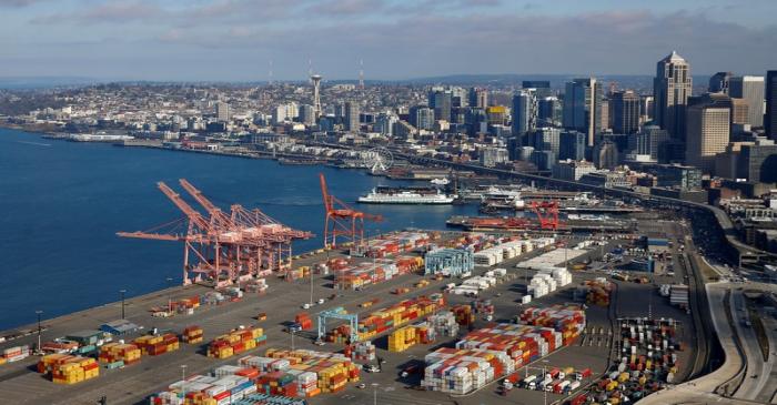 FILE PHOTO: An aerial photo looking north shows shipping containers at the Port of Seattle and