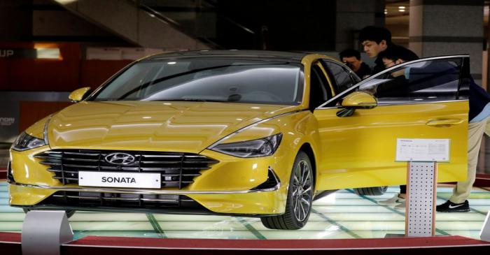 FILE PHOTO: A Hyundai Motors' all-new Sonata sedan is seen on display at the company's