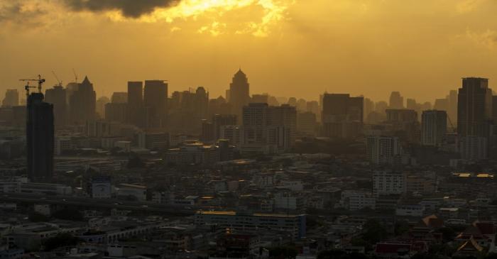 The skyline of central Bangkok is seen during sunrise in Bangkok