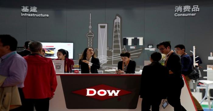 A Dow sign is seen during the China International Import Expo (CIIE), at the National