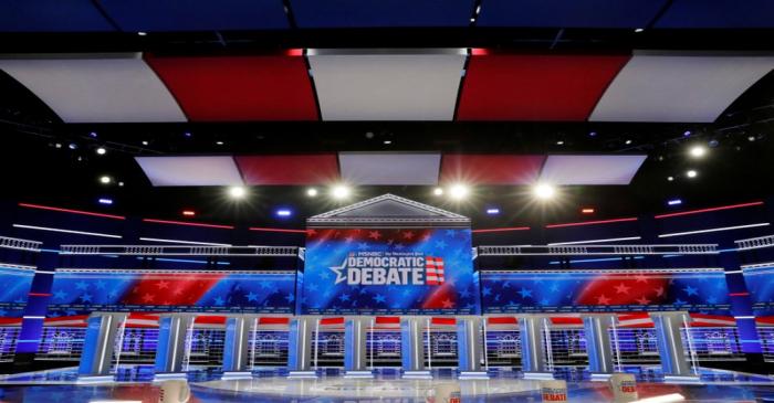 FILE PHOTO: The set and ten podiums for the next U.S. Democratic presidential candidates'