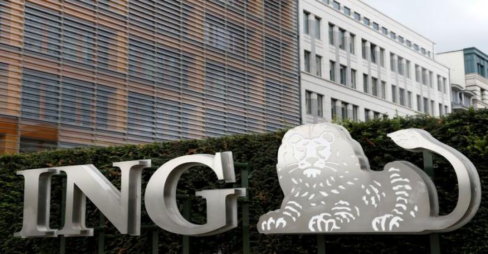 The logo of ING bank is pictured at the entrance of the group's main office in Brussels