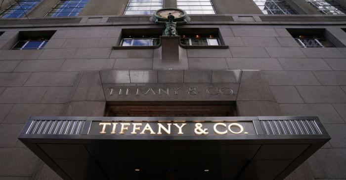 A Tiffany & Co logo is seen outside the store on 5th Ave in New York