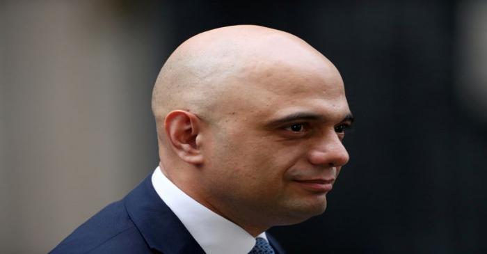 Britain's Chancellor of the Exchequer Sajid Javid is seen at Downing Street in London