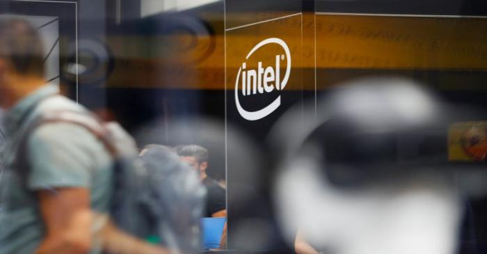 The Intel logo is shown at E3, the world's largest video game industry convention in Los